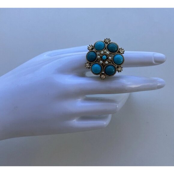 Vintage Size 6.5 Silver Oval Turquoise Pearl White Stone Faux Ring Western Style - Picture 11 of 11